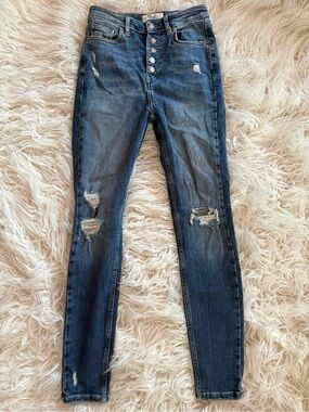 We The Free Free People Sabrina Distressed Button Fly Skinny Jeans Blue 26